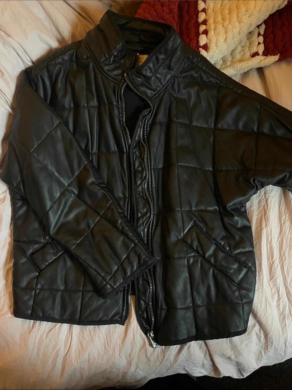 We The Free Black Quilted Faux Leather Puffer Jacket